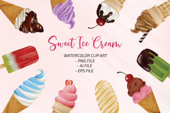 Sweet Ice Cream Watercolor Clipart PNG for Print Templates
