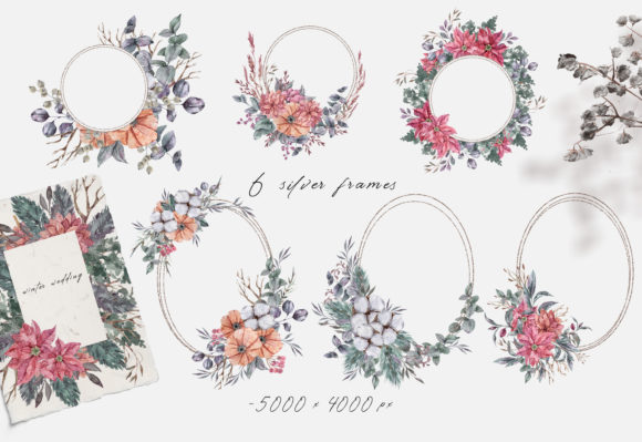 Watercolor Flower Metallic Frame Clipart for Print Templates